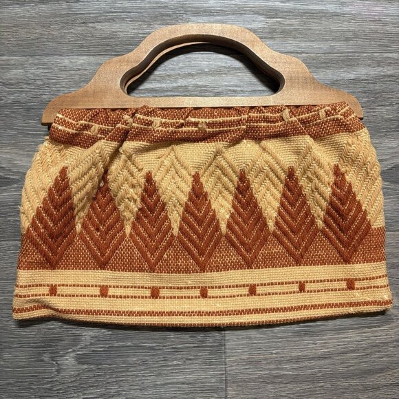 None Handbags - Vintage Woven Fabric Clutch Wooden Top Handles Geometric Earth Tones 70s Boho